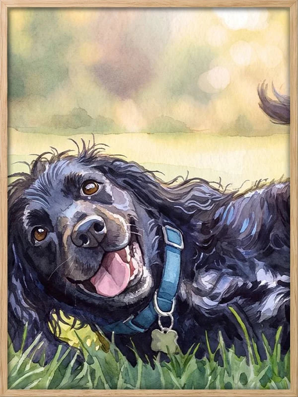 Oak framed watercolor pet portrait crop