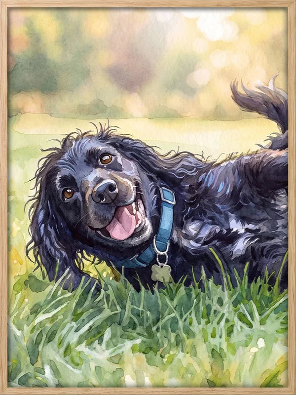 Oak framed watercolor pet portrait close-up
