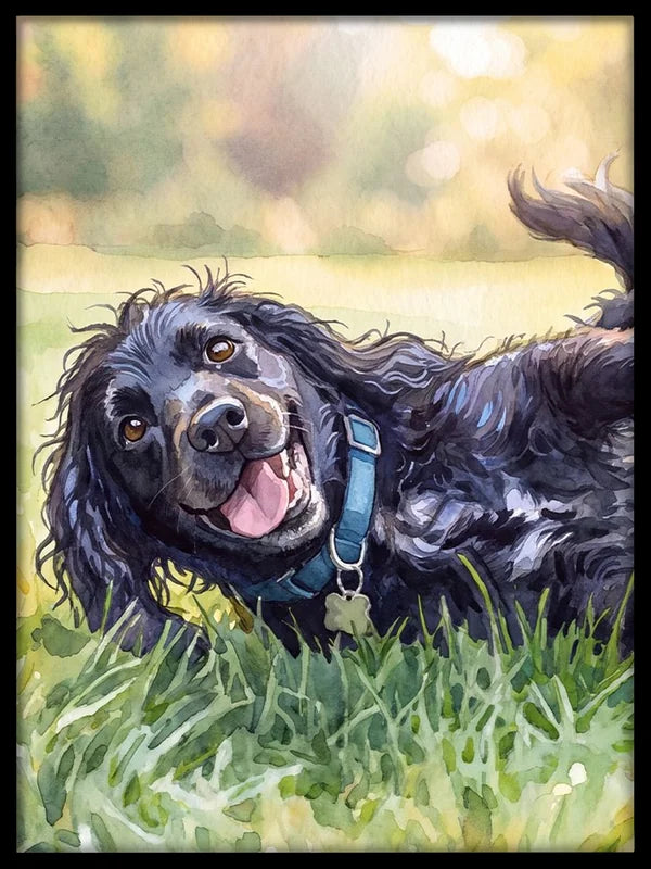 Black framed watercolor pet portrait detail
